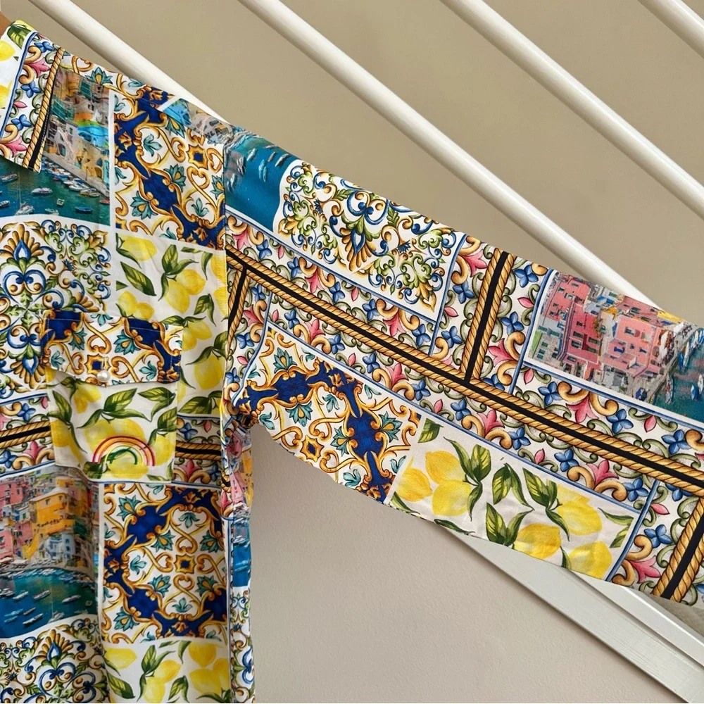 NWT Terez Amalfi Coast Patchwork Print Long Sleeve Blouse Yellow Blue Multi MED - Picture 10 of 16